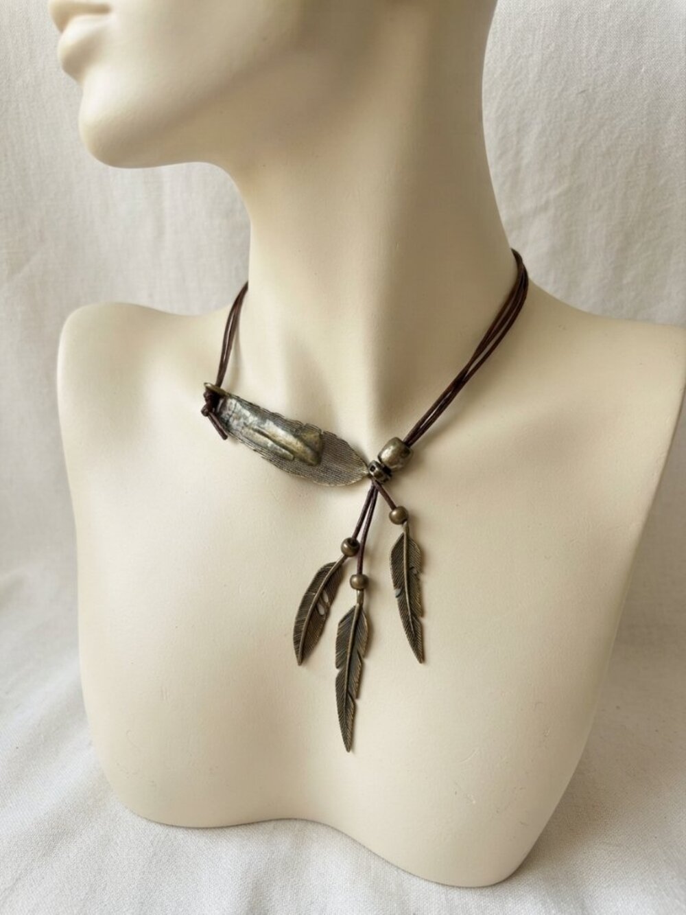 Boho Antique Bronze Feather Pendant Necklace Multi Strand Cord Festival Jewelry